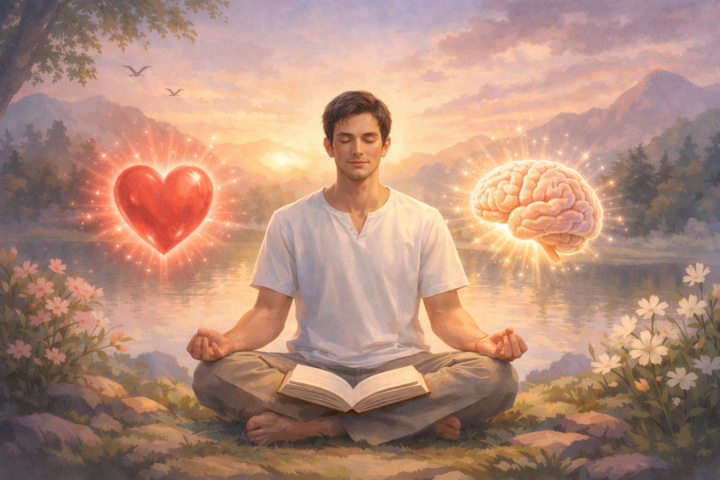 Ilustrasi literasi jiwa dengan manusia meditatif dan simbol hati serta otak bercahaya
