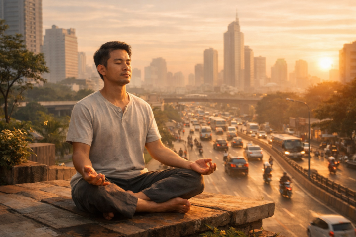 Orang bermeditasi di pagi hari dengan latar kota sibuk menunjukkan praktek literasi jiwa