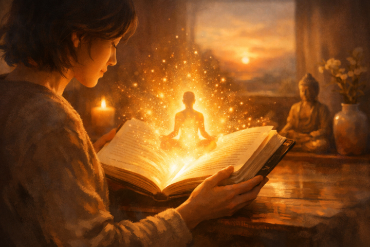 Ilustrasi seseorang membaca buku yang memancarkan cahaya simbol penemuan dan refleksi jiwa