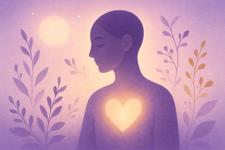 Ilustrasi siluet manusia damai dengan hati bersinar melambangkan literasi jiwa