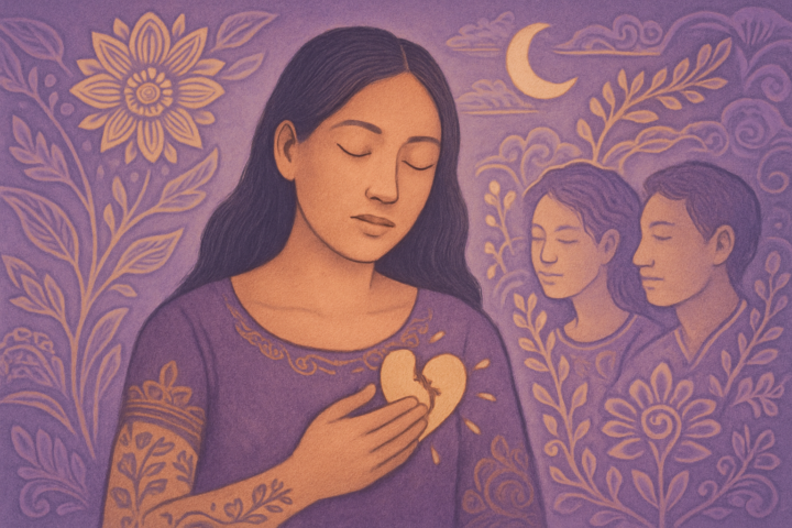 Ilustrasi seni budaya Indonesia menggambarkan penyembuhan luka jiwa dan harmoni sosial