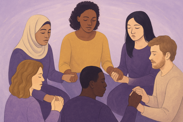 Ilustrasi orang-orang berbeda berpegangan tangan membentuk lingkaran penyembuhan kolektif