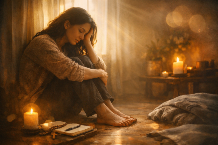 Orang sedang merenung sendiri di ruangan dengan pencahayaan lembut, melambangkan luka emosional tersembunyi dan proses penyembuhan