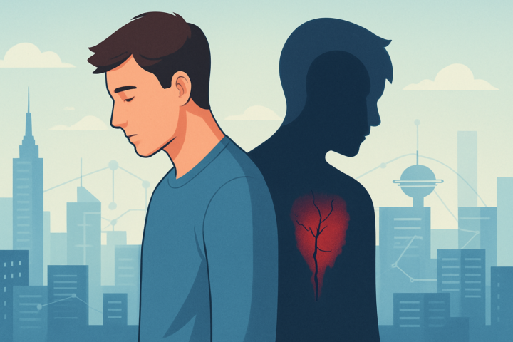 Ilustrasi luka jiwa tersembunyi di balik kemajuan modern dengan latar belakang kota futuristik