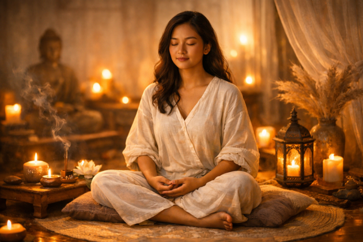 Perempuan dalam suasana tenang sedang meditasi sebagai bentuk refleksi kesehatan mental