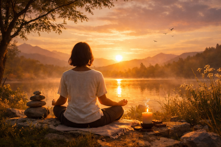 Orang bermeditasi di alam terbuka dengan latar senja, simbol ritme jiwa yang seimbang dan penyembuhan