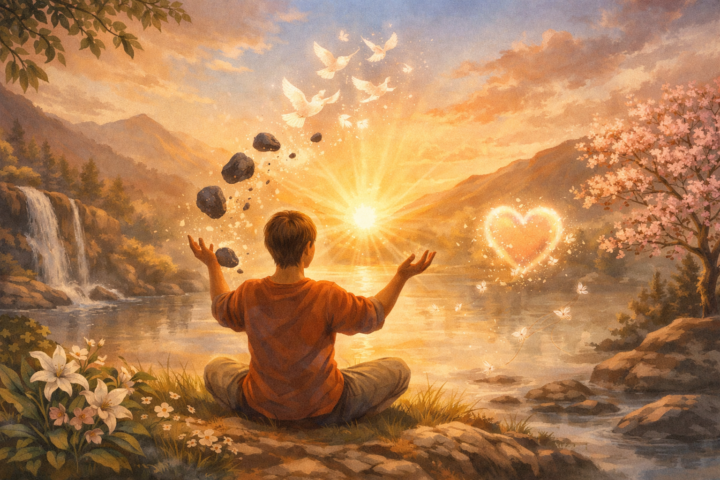 Ilustrasi seseorang melepaskan beban emosional dengan latar belakang matahari terbit dan alam yang melambangkan penyembuhan dan pengampunan