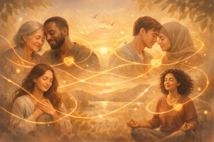 Ilustrasi hangat yang melambangkan cinta dan keharmonisan, dengan orang-orang yang terhubung secara emosional dalam suasana tenang.