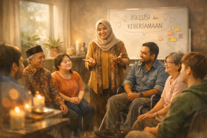 Fasilitator pelatihan inklusif memimpin diskusi kelompok peserta beragam latar belakang