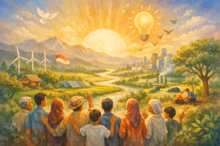 Ilustrasi komunitas yang bersatu melambangkan kesadaran kolektif dan inspirasi dalam pembangunan negeri