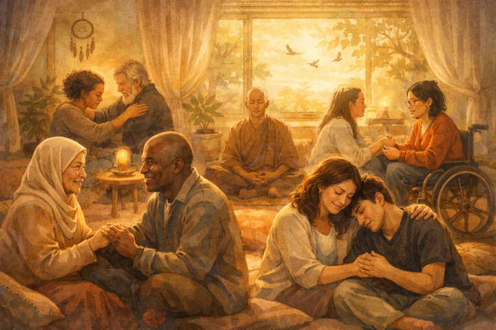 Ilustrasi ruang aman dengan orang-orang dari berbagai latar belakang saling mendukung dan berempati