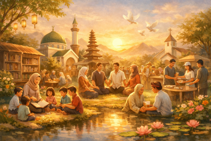 Ilustrasi sinergi antara pendidikan, agama, dan sosial dalam membangun masyarakat harmonis