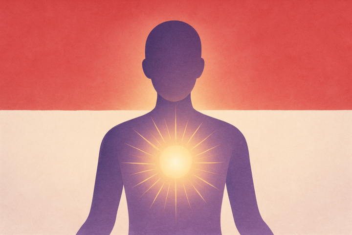 Ilustrasi jiwa bersinar dengan bendera Indonesia sebagai simbol kebangkitan bangsa dan pemulihan jiwa