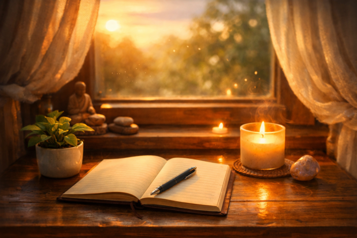 Meja kecil dengan buku catatan, tanaman kecil, dan lilin, tempat refleksi diri yang tenang