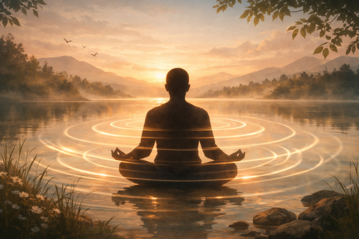 Ilustrasi seseorang bermeditasi damai menenangkan tubuh dan pikiran di alam yang tenang