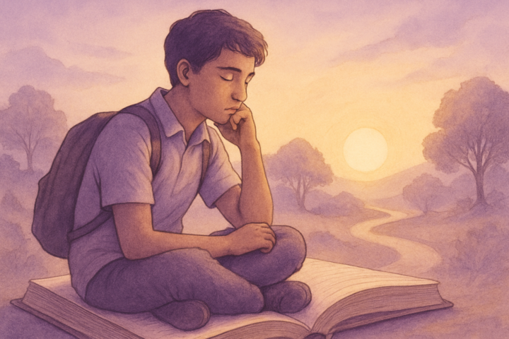 Siswa merenung dengan buku dan alam sebagai simbol pendidikan menuju kesadaran diri