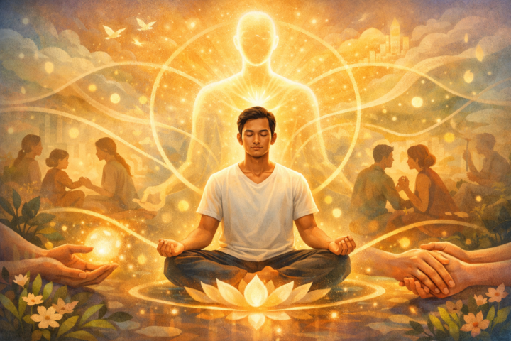 Ilustrasi meditasi dan keseimbangan jiwa dalam struktur sosial