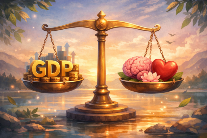 Ilustrasi timbangan keseimbangan antara pertumbuhan ekonomi dan kesehatan batin