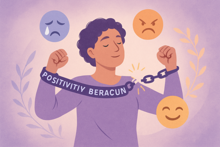 Ilustrasi seseorang melepaskan diri dari rantai positivity beracun dengan simbol emosi berwarna di sekitarnya
