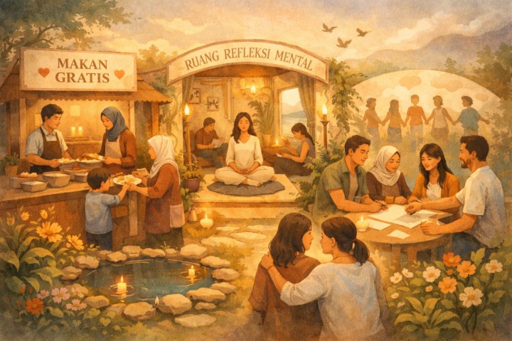 Ilustrasi kesehatan komunitas dengan layanan makan gratis dan ruang refleksi mental