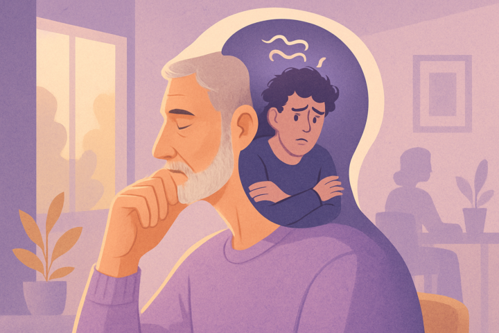 Ilustrasi orang dewasa dengan ekspresi bingung menggambarkan sindrom kematangan palsu dan pencarian kedewasaan sejati