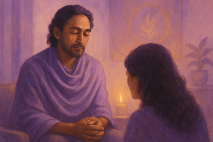 Fasilitator jiwa mendengarkan dengan empati dalam ruang yang hangat dan mendukung