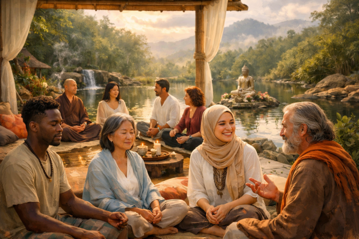 Kelompok orang sedang meditasi dan berdiskusi dalam suasana retreat yang tenang di alam