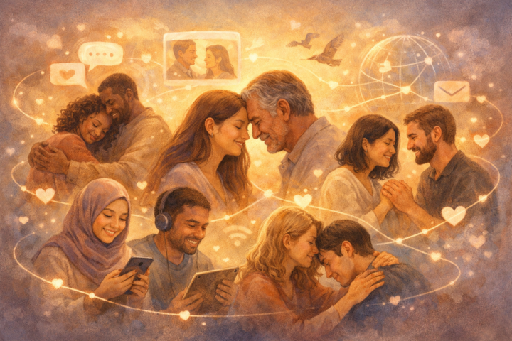 Ilustrasi orang-orang terhubung dengan ekspresi hangat melambangkan hubungan manusia dan empati di era digital