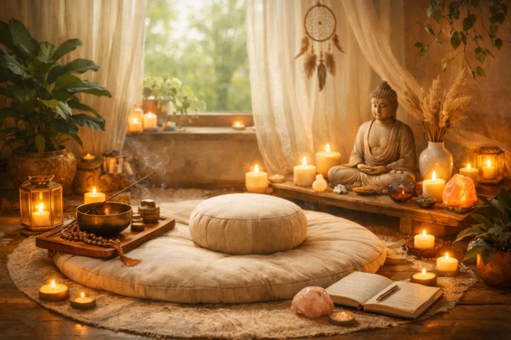 Ruang kontemplatif dengan tanaman dan lilin, suasana tenang untuk refleksi dan meditasi