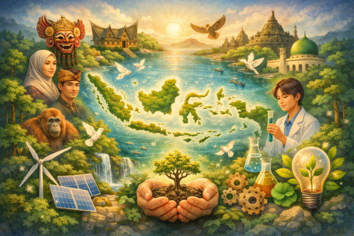 Peta Indonesia dengan simbol budaya, hutan hijau, dan ikon inovasi yang menggambarkan persatuan dan pembangunan berkelanjutan