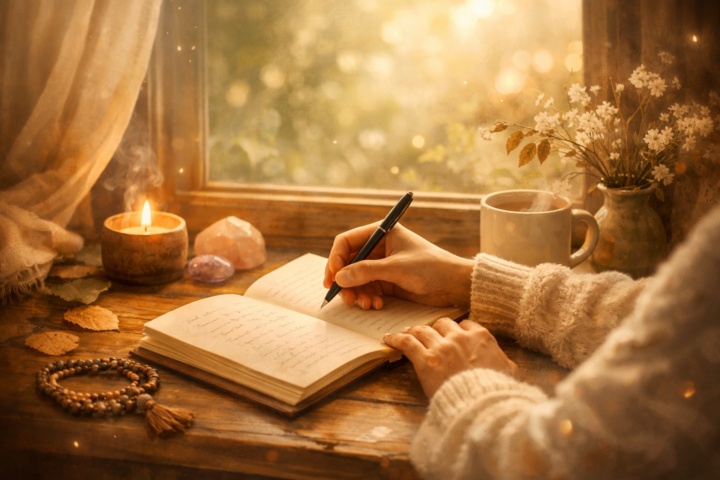 Seseorang menulis di jurnal dengan cahaya alami yang lembut, melambangkan penyembuhan emosional dan refleksi diri.