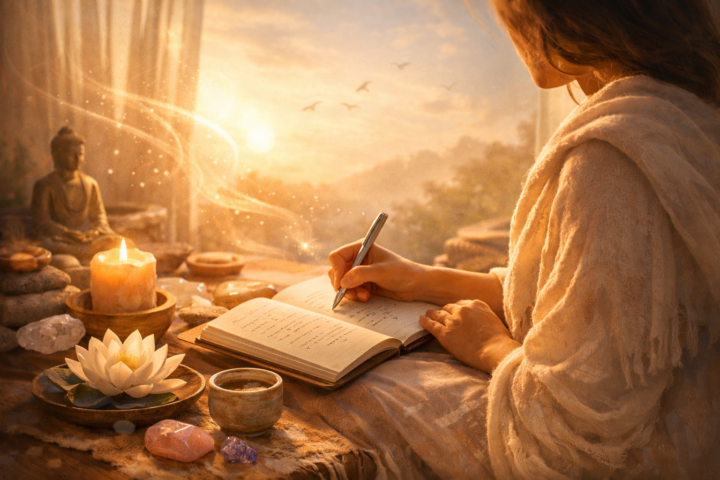 Seseorang menulis di jurnal sebagai terapi diri untuk pemulihan dan ketenangan batin.