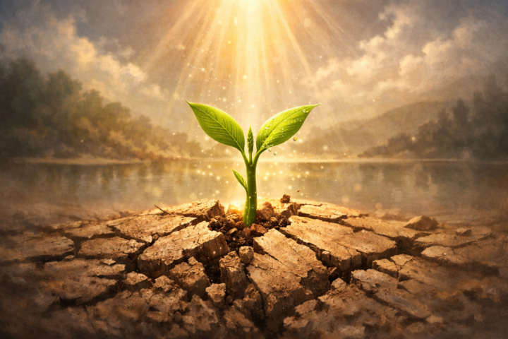 Tanaman muda tumbuh kuat dari tanah yang rapuh sebagai simbol pertumbuhan dari kelemahan