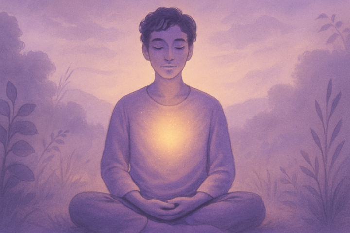 Orang bermeditasi di alam yang tenang, melambangkan kedamaian batin dan ekspresi yang tak terucap