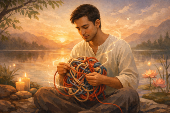 Ilustrasi seseorang sedang mengurai simpul simbolis yang melambangkan luka emosional dengan latar belakang yang tenang dan menyiratkan proses penyembuhan batin