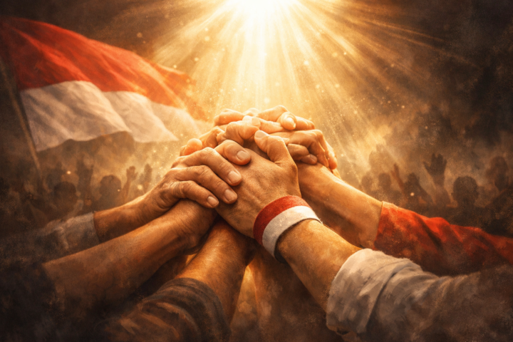 Ilustrasi tangan bersatu dan cahaya harapan di tengah krisis jiwa bangsa Indonesia