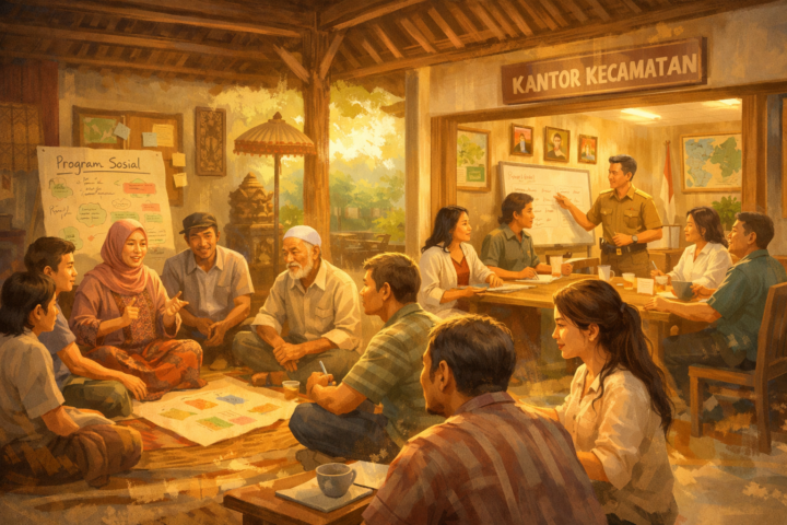 Pertemuan komunitas di balai desa dan kantor kecamatan untuk menyemai kesadaran masyarakat