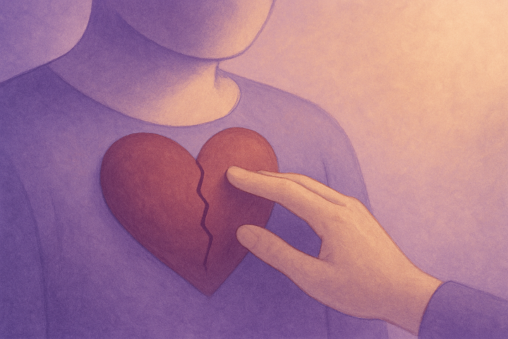 Ilustrasi tangan menyentuh luka hati dengan lembut sebagai simbol empati tanpa menghakimi