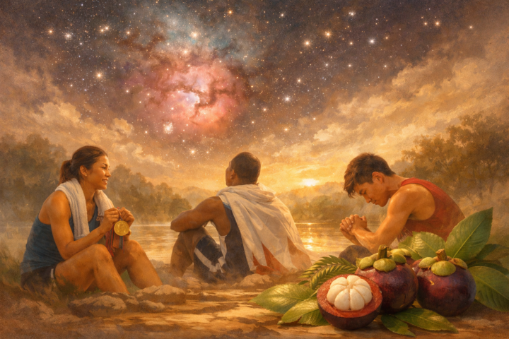 Refleksi kehidupan dengan gambar atlet, nebula Trifid M20, dan kulit manggis sebagai simbol keberagaman perjalanan hidup