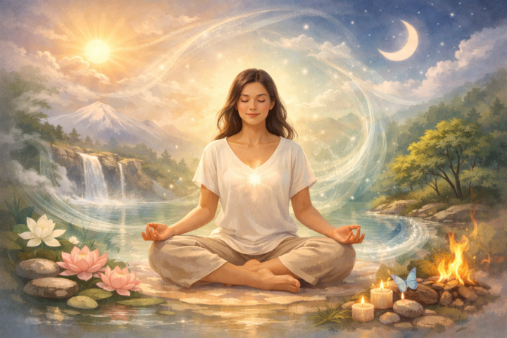 Ilustrasi meditasi dan harmoni jiwa dalam ekosistem penyembuhan batin