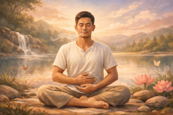 Seseorang sedang bermeditasi dengan fokus pada napas sadar dan kesadaran tubuh di alam yang tenang