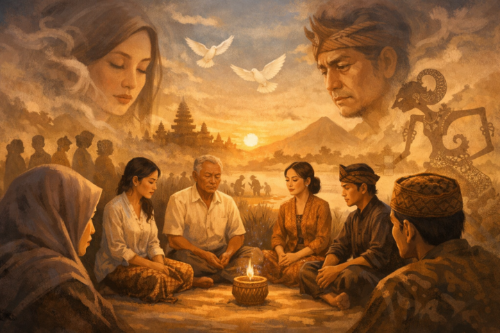 Ilustrasi narasi diam dan penderitaan kolektif dalam kebudayaan Indonesia yang menggambarkan kebersamaan dan inspirasi dari kesunyian