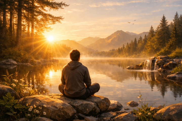 Ilustrasi seseorang merenung di alam tenang sebagai simbol restorasi jiwa dan refleksi diri