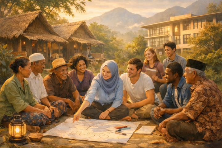 Pelatihan inklusif antara masyarakat desa dan mahasiswa kampus dalam lingkungan pedesaan dan pendidikan tinggi.