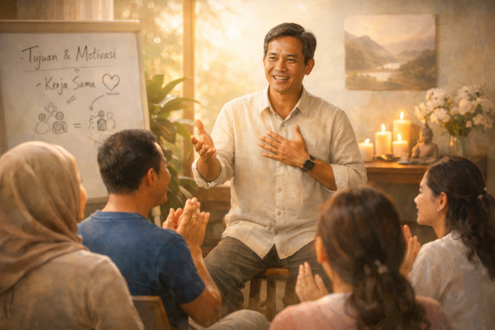 Pelatih inspiratif memberikan pelatihan yang menghidupkan dengan peserta aktif dalam suasana kolaboratif