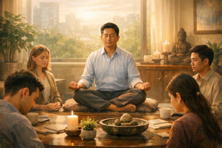 Pemimpin dan tim dalam ruang hening yang tenang untuk refleksi dan inovasi