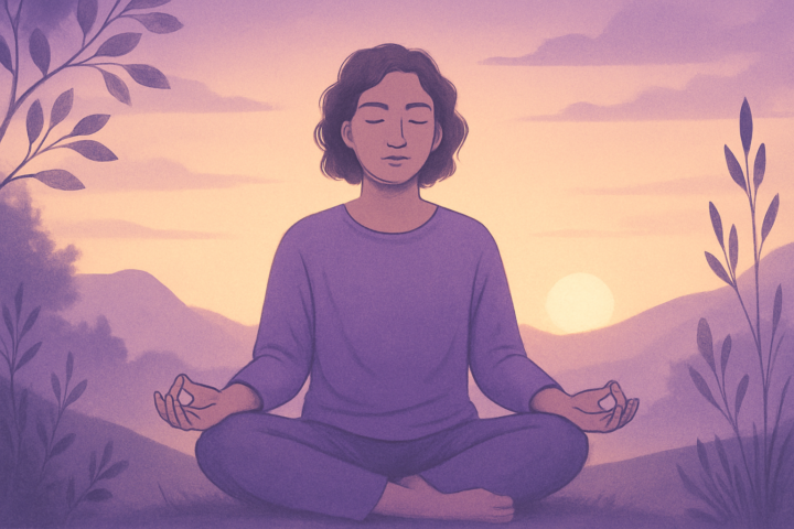 Orang bermeditasi di alam saat matahari terbenam, melambangkan pemulihan jiwa dan kedamaian batin.