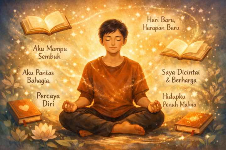 Ilustrasi orang bermeditasi dengan afirmasi positif dan buku cerita inspiratif sebagai simbol pemulihan