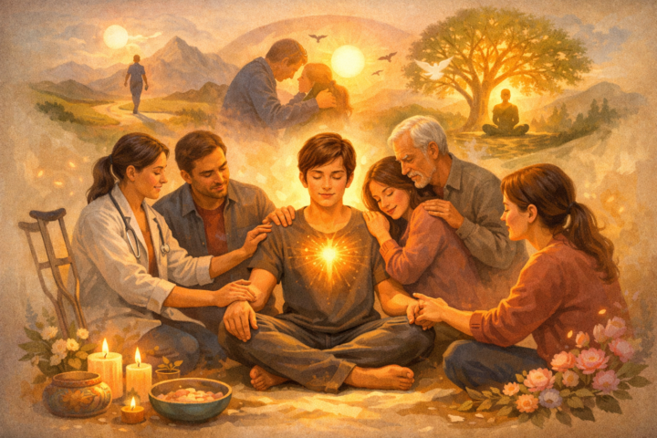 Ilustrasi proses pemulihan manusia yang meliputi penyembuhan fisik, emosional, dan spiritual dengan dukungan sosial dan empati