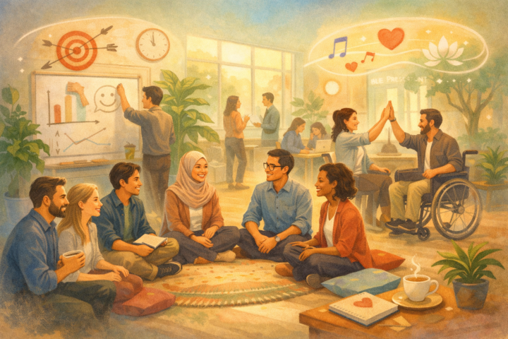 Ilustrasi perubahan budaya kerja dari fokus target ke kehadiran dan keterlibatan karyawan di lingkungan kantor yang inklusif